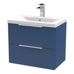 Hudson Reed Fluted 600mm Wall Hung 2-Drawer Vanity Unit & Mid-Edge Basin 1TH - Satin Blue - DFF393A-CO-1