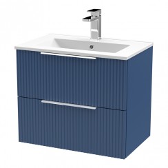Hudson Reed Fluted 600mm Wall Hung 2-Drawer Vanity Unit & Minimalist Basin 1TH - Satin Blue - DFF393B-CO-1