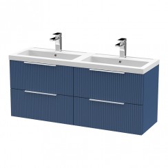 Hudson Reed Fluted 1200mm Wall Hung 4-Drawer Vanity Unit & Double Polymarble Basin 2 x 1TH - Satin Blue - DFF393C-CO-1