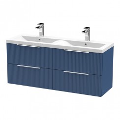 Hudson Reed Fluted 1200mm Wall Hung 4-Drawer Vanity Unit & Double Ceramic Basin 2 x 1TH - Satin Blue - DFF393F-CO-1