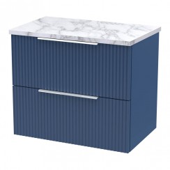 Hudson Reed Fluted 600mm Wall Hung 2-Drawer Vanity Unit & Matt Carrera Marble Laminate Worktop - Satin Blue - DFF393LCM-CO-1