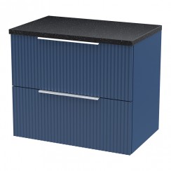 Hudson Reed Fluted 600mm Wall Hung 2-Drawer Vanity Unit & Sparkling Black Worktop - Satin Blue - DFF393LSB-CO-1