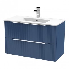 Hudson Reed Fluted 800mm Wall Hung 2-Drawer Vanity Unit & Minimalist Basin 1TH - Satin Blue - DFF395B-CO-1