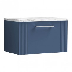 Nuie Deco 600mm Wall Hung 1-Drawer Vanity Unit & Matt Carrera Marble Laminate Worktop - Satin Blue - DPF394LCM-CO-1