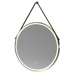 Hudson Reed Salana Brushed Brass Framed LED Touch Sensor Mirror With Brown Wall Strap 800x800mm
