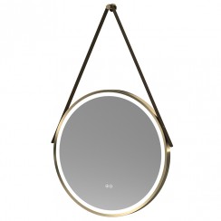Hudson Reed Salana Brushed Brass Framed LED Touch Sensor Mirror With Brown Wall Strap 600x600mm