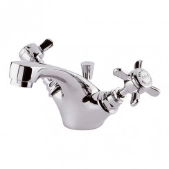 Nuie Beaumont Chrome Crosshead Deck Mounted Mono Basin Mixer Tap Dual Handle with Pop Up Waste - White Indices - I345X-CO-1