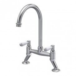 Nuie Bridge Kitchen Mixer Tap with White Dual Lever Handles - Brushed Nickel