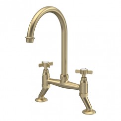 Nuie Bridge Dual Crosshead Kitchen Mixer Tap with White Indices - Brushed Brass
