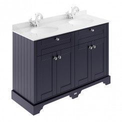 Old London by Hudson Reed 1200mm 4-Door Vanity Unit & Double Bowl White Marble Top Basin 1TH x 2 - Twilight Blue Woodgrain LOF364-CO-1