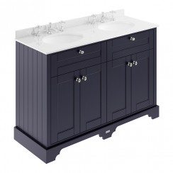 Old London by Hudson Reed 1200mm 4-Door Vanity Unit & Double Bowl White Marble Top Basin 3TH x 2 - Twilight Blue Woodgrain LOF367-CO-1