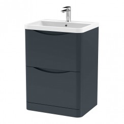 LUN1401 Nuie Lunar 600mm Floor Standing 2-Drawer Vanity Unit & Polymarble Basin 1TH - Satin Soft Black, SML1433, PMB003 LUN1401-CO-1