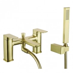 Portofino Brushed Brass Deck Mounted Bath Shower Mixer Tap - Modern Square Design - MBT188BB