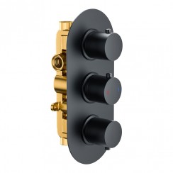 Matt Black Modern Round Concealed Thermostatic Shower Mixer Valve Triple Control - 2 Outlet Diverter - CV1K-T2WAY