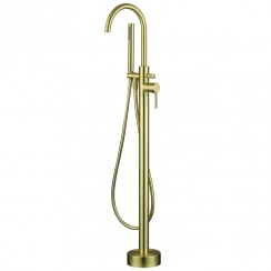 Oslo Brushed Brass Freestanding Bath Shower Mixer Tap - Modern Round Design - FS200BB