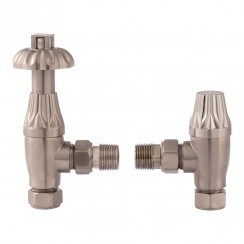 Old London by Hudson Reed Traditional Knightsbridge Angled Thermostatic Radiator Valves with Lockshield (Pair) - Satin Nickel RV009-CO-1