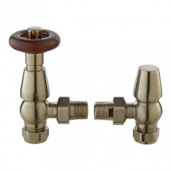 Old London by Hudson Reed Traditional Camden Angled Thermostatic Radiator Valves with Lockshield (Pair) - Satin Nickel RV203-CO-1