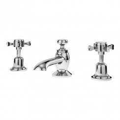 Nuie Selby Chrome Crosshead Deck Mounted 3-Hole Basin Mixer Tap Tap with Pop-Up Waste - White Indices - SEL307DX-CO-1