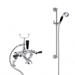 Topaz Black Lever Deck Mounted Bath Shower Mixer Tap - Hex Collar with Traditional Slider Rail Shower Kit