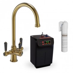 Hatta Brushed Brass Traditional Black Lever 3-in-1 Instant Hot Boiling Water Kitchen Tap Set - Including Tank & Filter