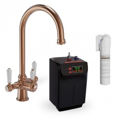 Hatta Brushed Copper Traditional White Lever 3-in-1 Instant Hot Boiling Water Kitchen Tap Set - Including Tank & Filter - HKT13CO-CU