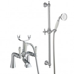 Windsor Traditional Chrome Deck Mounted Bath Shower Mixer Tap Straight Legs & Traditional Shower Slider Rail Kit - TBT16C+TSRS1K