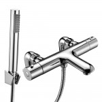 Eros Chrome Deck Mounted Thermostatic Bath Shower Mixer Tap with Round Pencil Handset - Modern Rounded Design