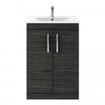 Nuie Athena 600mm Floor Standing 2-Door Vanity Unit with Minimalist Basin - Charcoal Black Woodgrain