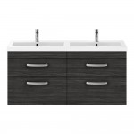 Nuie Athena 1200mm Wall-hung 4-Drawer Vanity Unit with Polymarble Double Basin 2 x 1TH - Charcoal Black Woodgrain