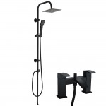 Chelsea Matt Black Deck Mounted Bath Shower Mixer Tap & Square 3 Way Rigid Riser Shower Rail Kit - Modern Square Design