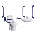 Nuie Doc M Pack with 480mm - H Comfort height Close Coupled Toilet, Wall Mounted Basin, Spray Mixer Tap and Blue Grab Rails - Includes Standard Toilet Seat
