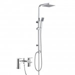 Hatton Chrome Deck Mounted Bath Shower Mixer Tap & Square 3 Way Telescopic Rigid Riser Shower Rail Kit - Modern Square Design