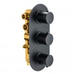 Matt Black Modern Round Concealed Thermostatic Shower Mixer Valve Triple Control - 3 Outlet Diverter