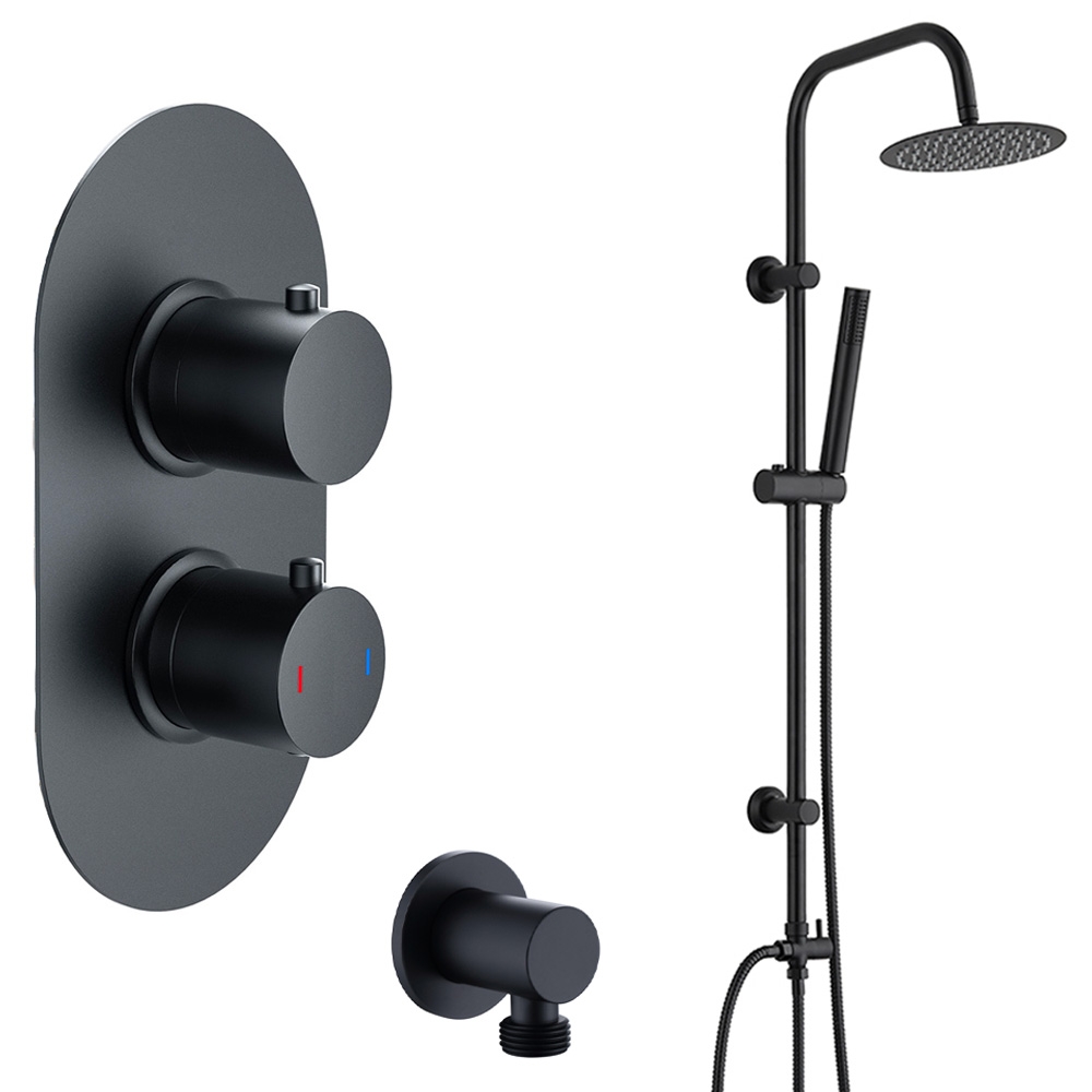 Shower Mixer Riser Matt Black Round Dual Rigid Riser Shower Rail Kit with Dual Control ...