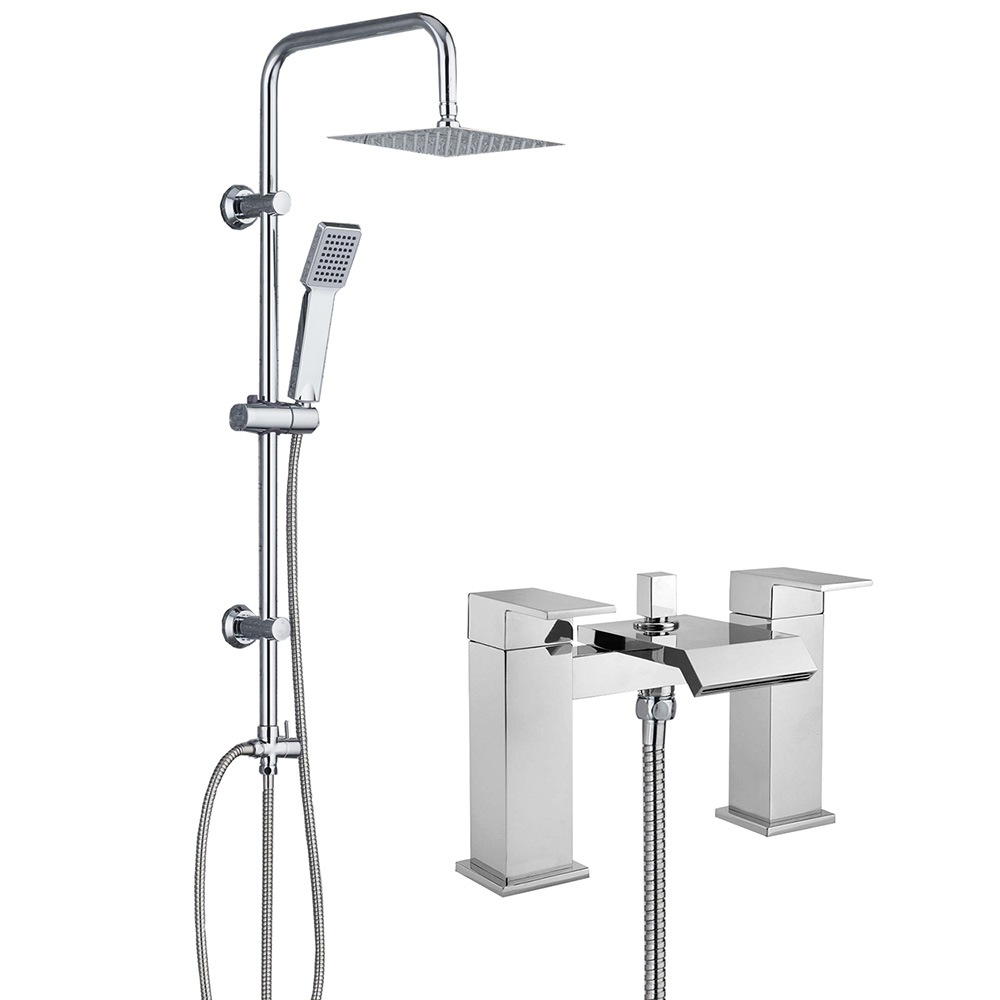 Tribeca Chrome Deck Mounted Bath Shower Mixer Tap & Square 3 Way Rigid ...